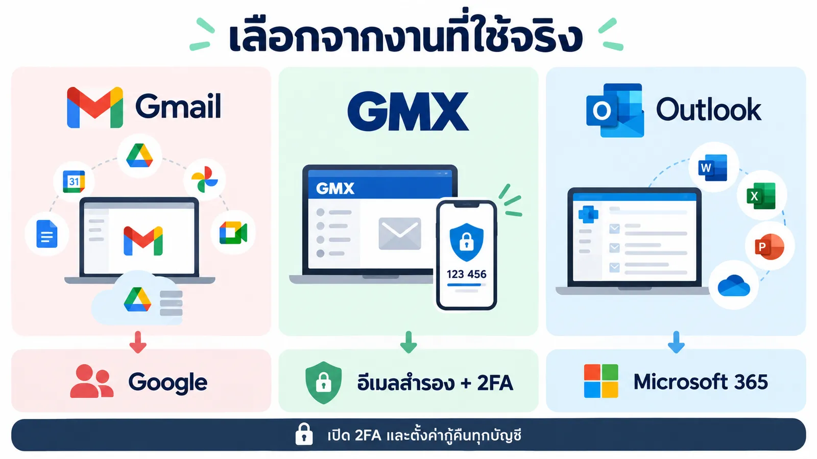 แนวทางเลือก Gmail GMX หรือ Outlook ตามลักษณะงาน