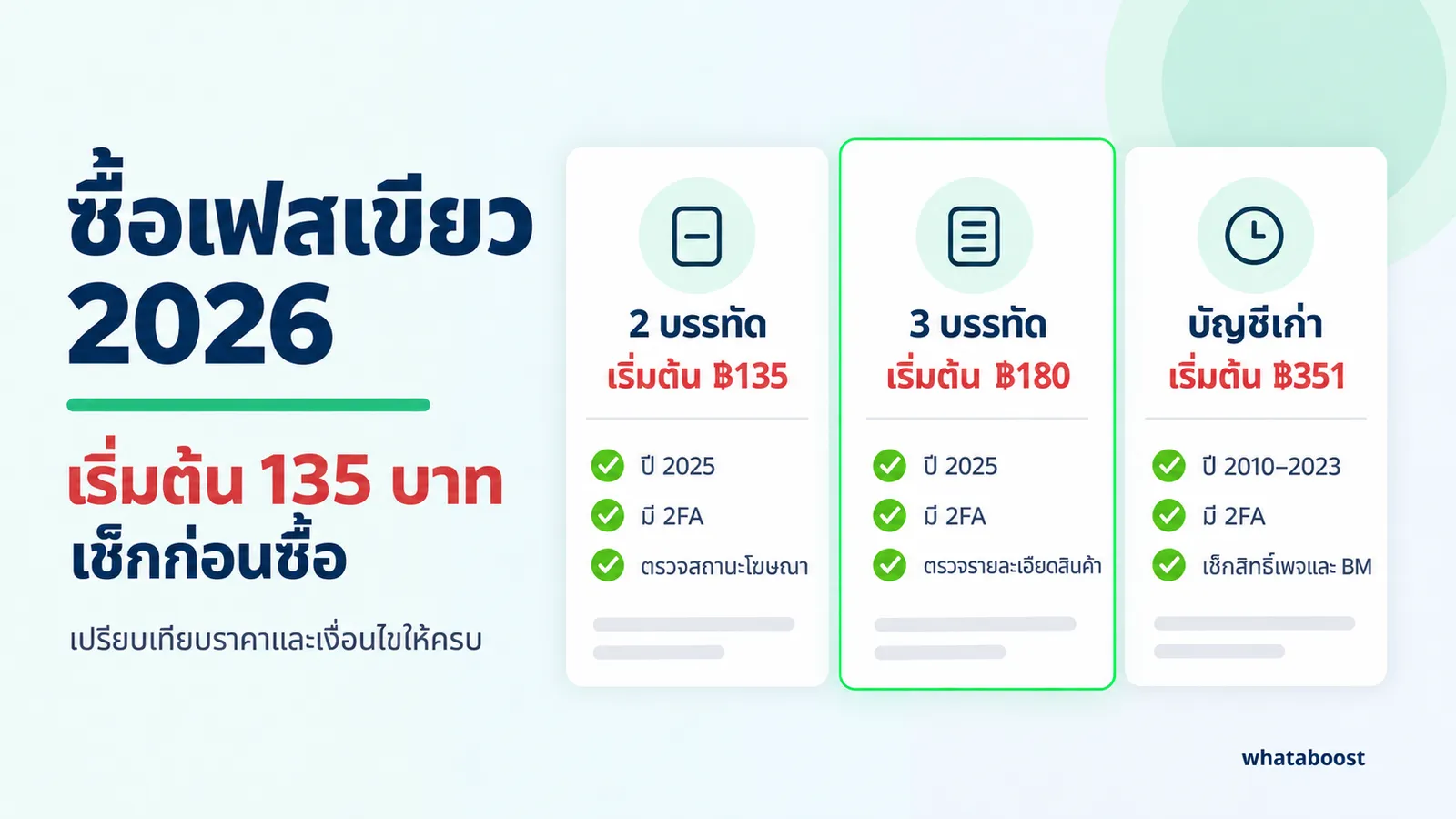 ซื้อเฟสเขียว 2026 ราคาเริ่มต้น 135 บาท เปรียบเทียบแบบ 2 บรรทัด 3 บรรทัด และบัญชีเก่า