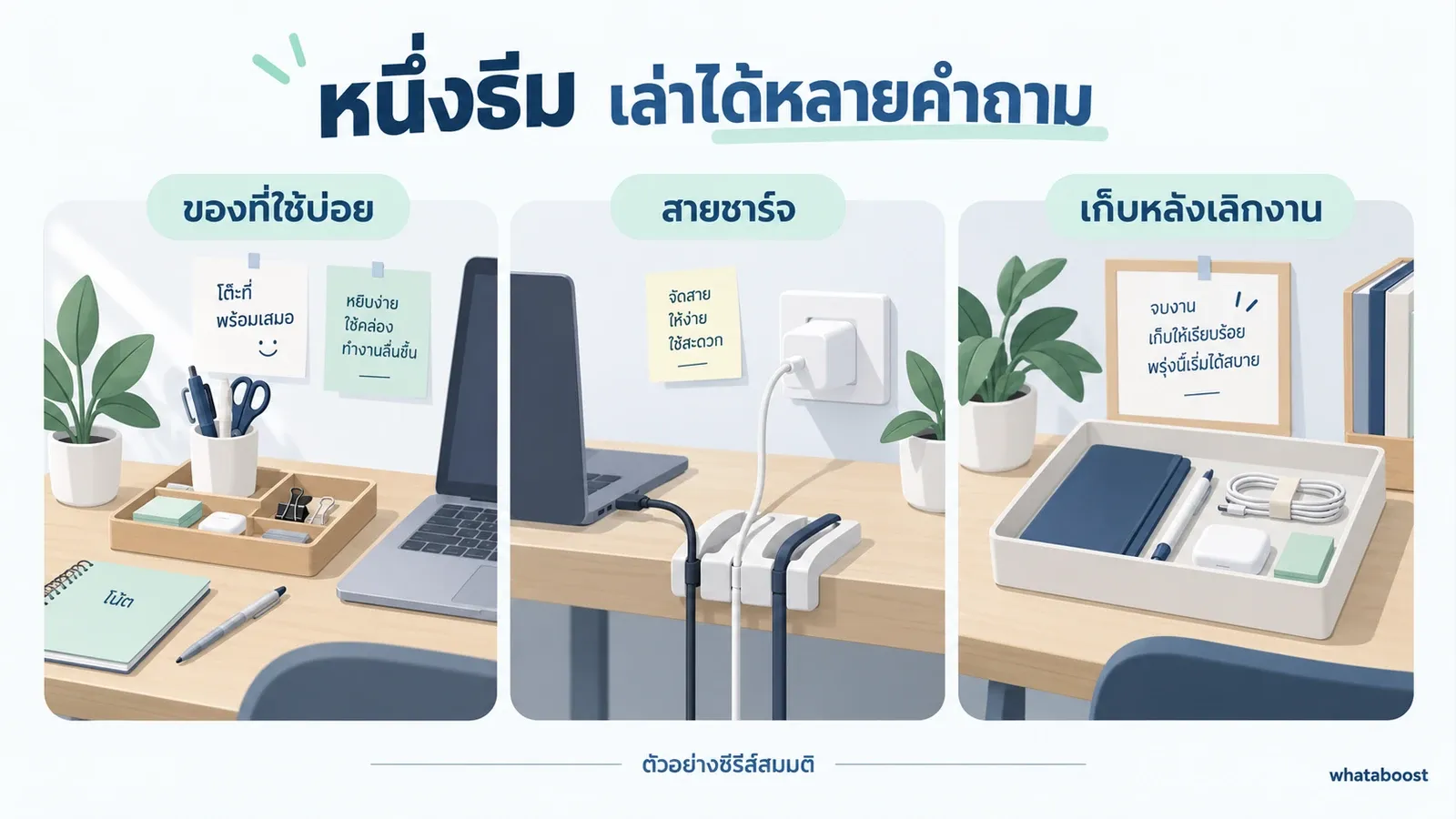 ตัวอย่างสมมติซีรีส์จัดโต๊ะเล็กที่ตอบคำถามต่างกันแต่ใช้ธีมเดียวกัน