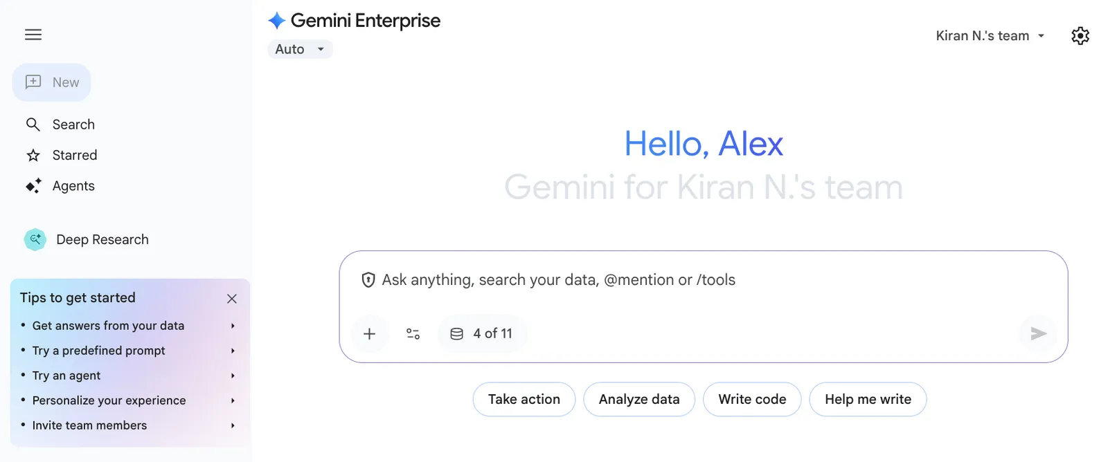 หน้าจอ Gemini Enterprise สำหรับค้นหาข้อมูลและทำงานร่วมกับ AI Agent