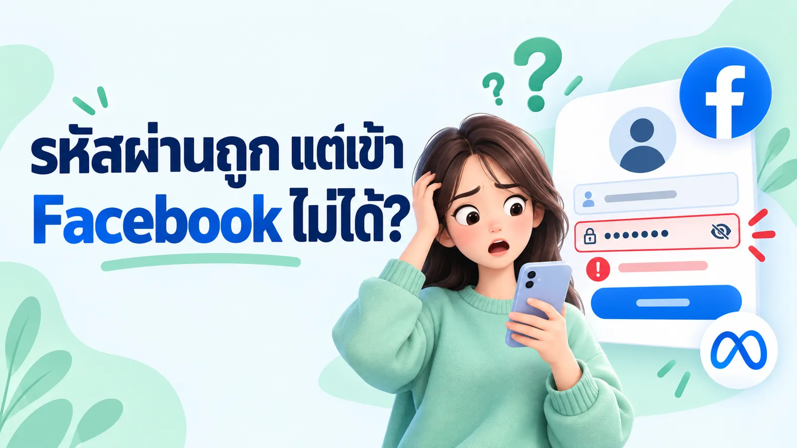 รหัสผ่านถูก แต่เข้า Facebook ไม่ได้ พร้อมภาพผู้ใช้ตกใจและหน้าจอแจ้งรหัสผ่านผิด